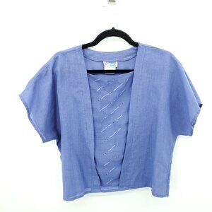 Vintage College Town Square Neck Flax-Blend Short Sleeve Blouse L Blue